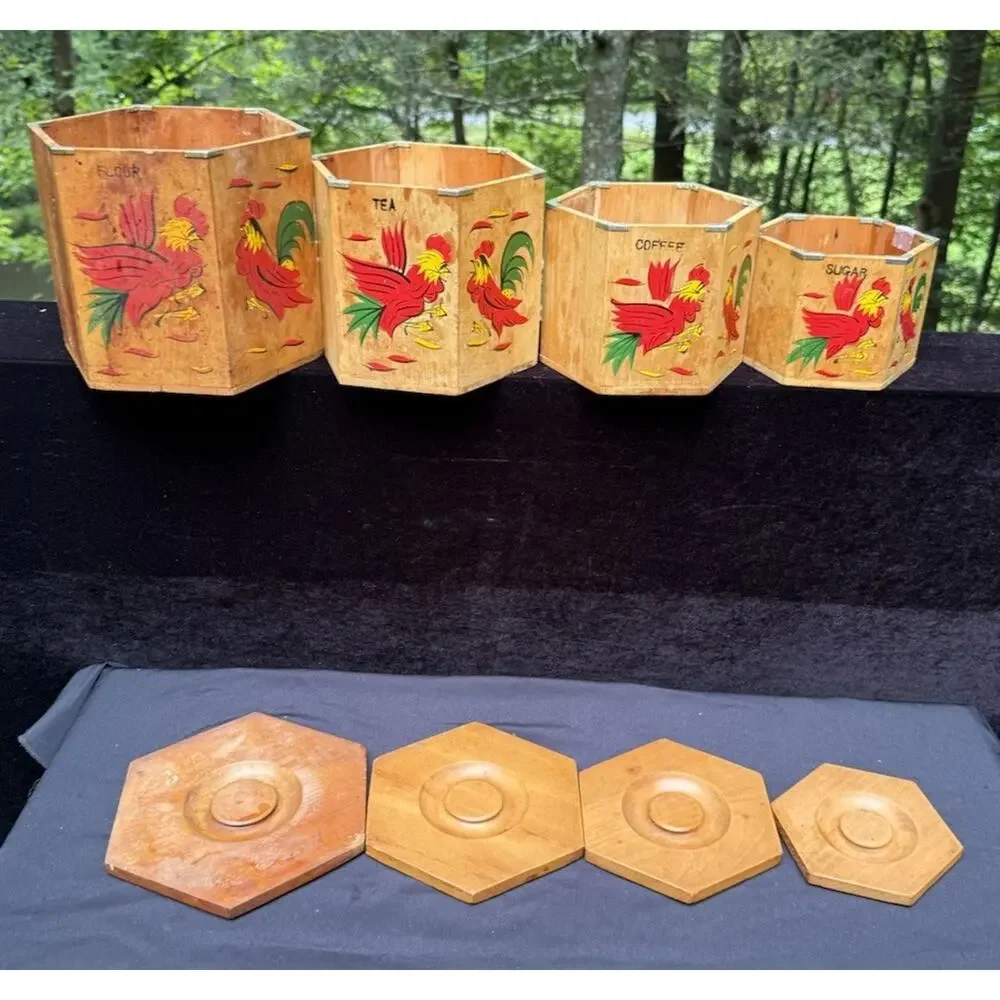 4 MCM 1960’s Japan Betson's Wood Rooster Hexagon 6-Sided Nesting Canisters
